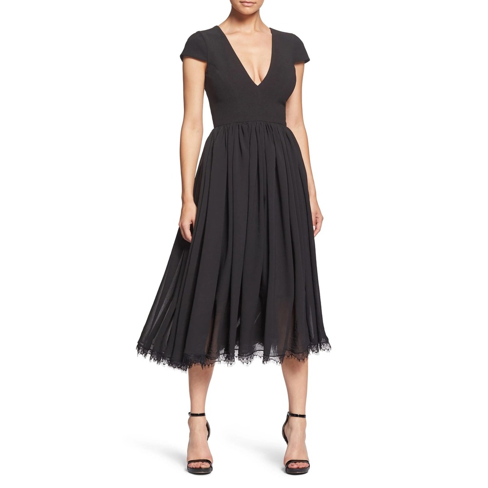 Dress The Population Black V-Neck Cap Sleeve Fit & Flare Lace Hem Dress Small